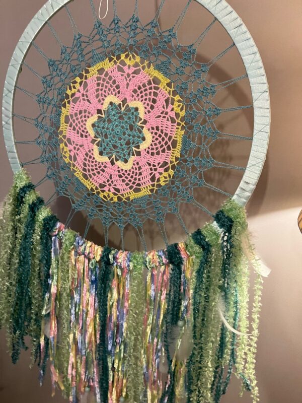 Hand Crafted Green Flower Dreamcatcher Close Hand Crafted Green Flower Dreamcatcher Close